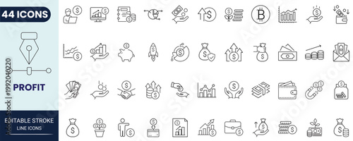 Profit icon set in outline style. Collection of profit, revenue, growth, increase, business, and finance. Editable stroke. Vector icon collection.