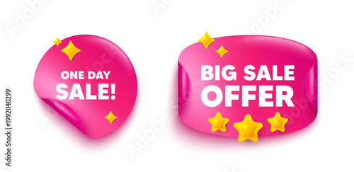 One day sticker tag. Big offer paper price banner. One day sale tag. Special offer price sign. Advertising Discounts symbol. Discount sticker with 3d stars. Vector