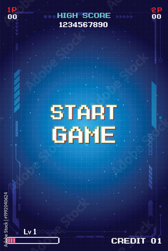 START GAME. Retro Futurism Sci-Fi Background. glowing neon grid and star from vintage arcade computer games. Vertical Backgrounds