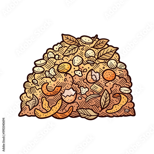 A pile of compost with leaves, eggshells, and other organic materials, hand-drawn illustration.