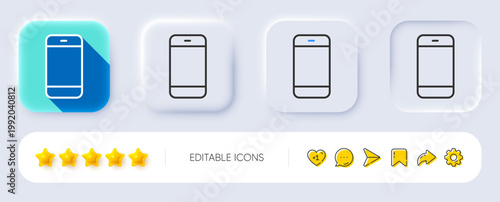 Smartphone icon. Neumorphic, Flat shadow, 3d buttons. Cellphone or Phone sign. Communication Mobile device symbol. Line smartphone icon. Social media icons. Vector