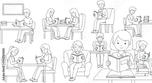 People reading books in various settings.