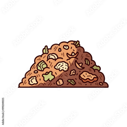 A pile of compost with various organic materials like vegetable scraps and leaves, illustrated in a cartoon style.