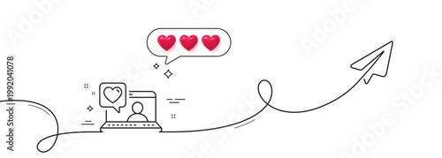 Friends chat line icon. Continuous line with share plane. Friendship love sign. Assistance business symbol. Hearts rate review in speech bubble. Friends chat single line ribbon. Vector