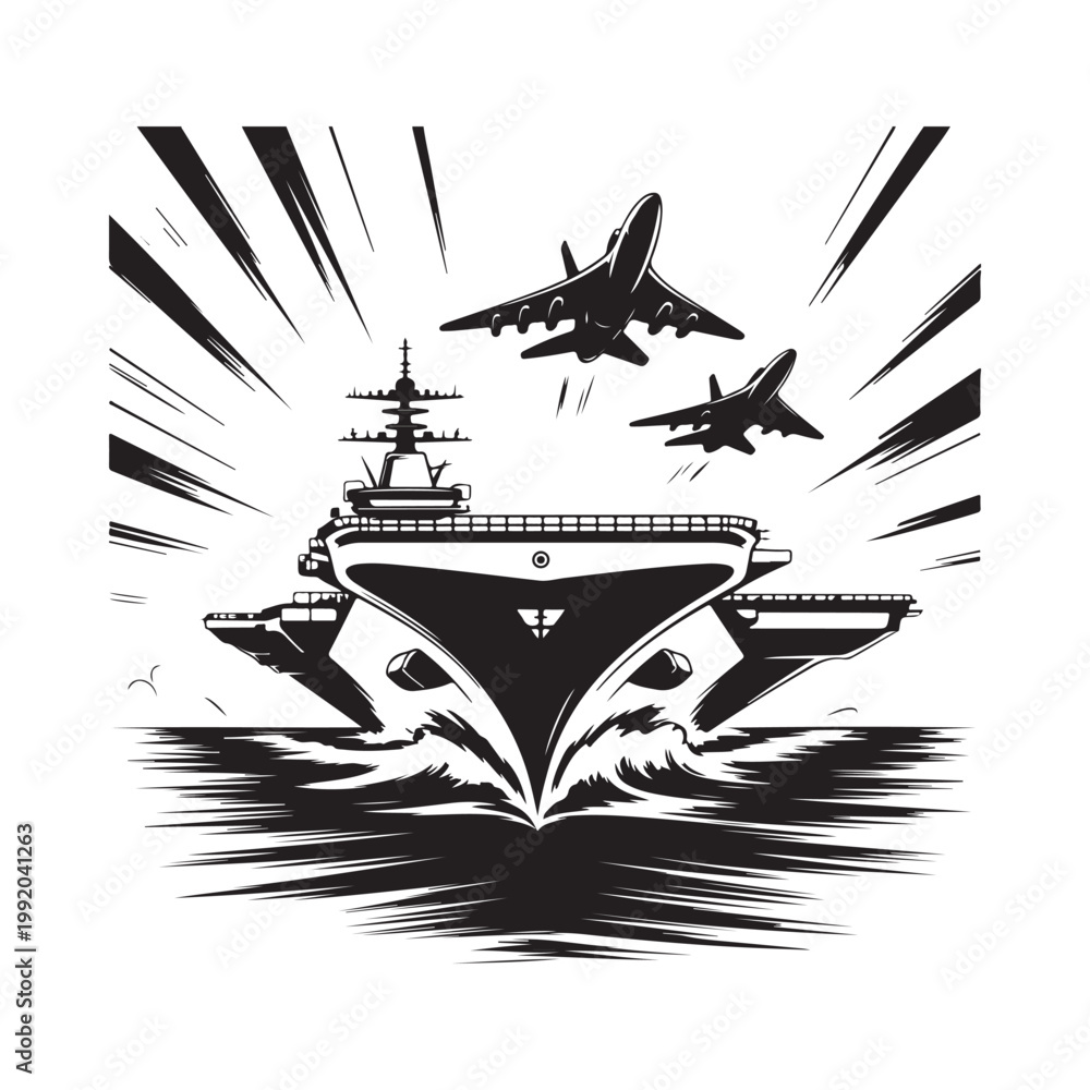 Fototapeta premium Aircraft carrier with fighter jets in dynamic illustrative black and white style