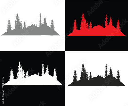 Four variations of a city skyline silhouette in different colors