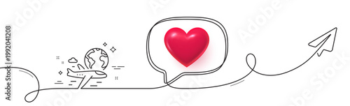 Global travel line icon. Continuous line with share plane. International flight sign. Online trip symbol. 3d heart in speech bubble. International flight single line ribbon. Loop curve pattern. Vector