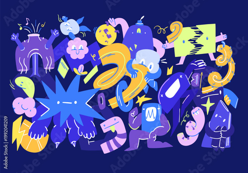 A large collection of dynamic geometric monsters on a dark blue background, a vibrant, juicy palette for notebook covers, albums, packaging, and anthropomorphic characters.
