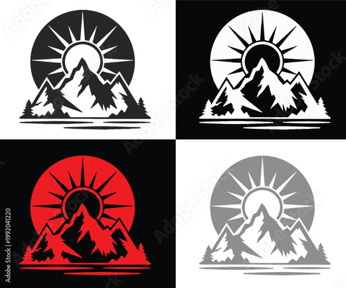 Four variations of mountain landscape with sunrise silhouette