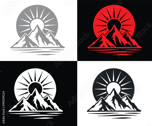 Mountain landscape with sunburst in four color variations