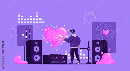 VR User Creates Digital Heart with Music and Sound Waves in Futuristic Studio