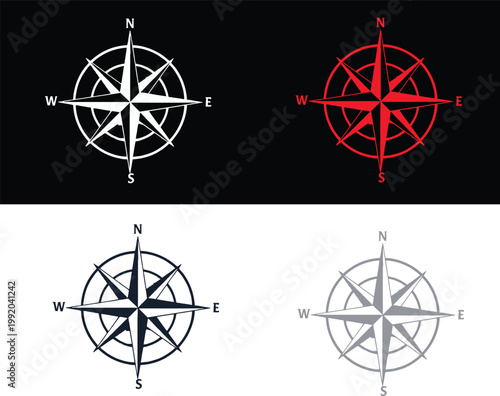 Four different color variations of a compass navigation symbol