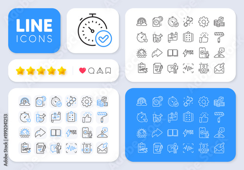 Checklist, Quickstart guide and Book line icons for web app. Message, Share, Like social media icons. Pack of Paint roller, Disaster, Interview pictogram icons. Vector