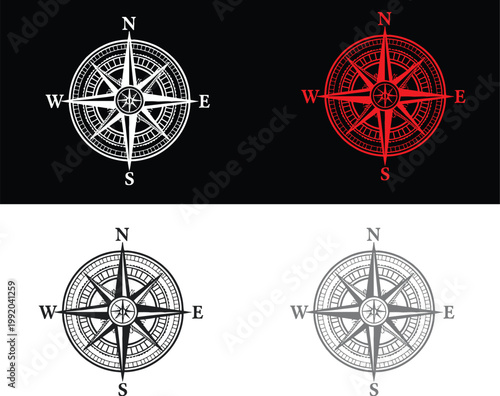 Four different colored and styled compass rose navigation charts