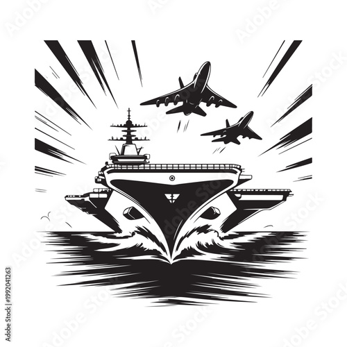 Aircraft carrier with fighter jets in dynamic illustrative black and white style