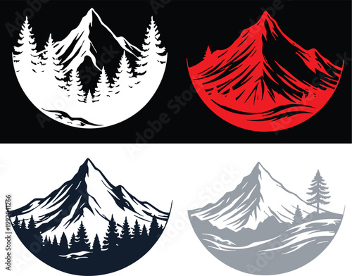 Mountain landscape illustrations with trees in various color schemes