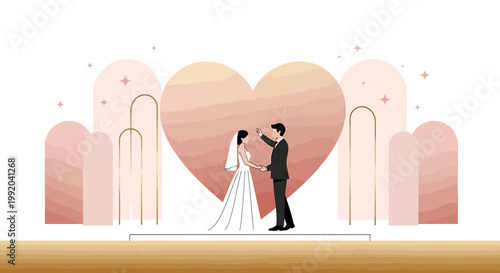 Wedding ceremony with couple and abstract heart backdrop