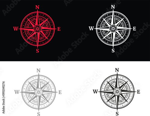 Four compass rose navigation symbols in different colors and backgrounds
