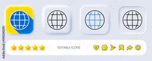 Globe line icon. Neumorphic, Flat shadow, 3d buttons. World or Earth sign. Global Internet symbol. Line globe icon. Social media icons. Vector