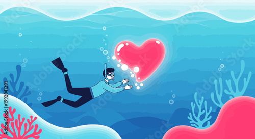 Scuba Diver Finds Glowing Heart Underwater, Love Discovery, Ocean Romance