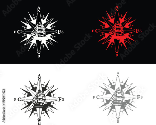 Four variations of a grunge textured compass logo design