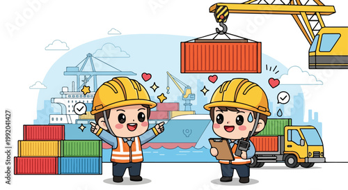 Two female construction workers wearing safety helmets and reflective vests at a busy construction site with cranes