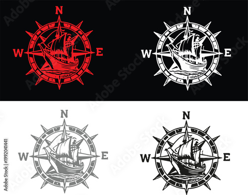 Four variations of nautical compass rose designs with ship icons