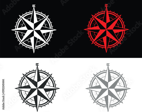 Four compass rose navigation symbols in different colors and backgrounds