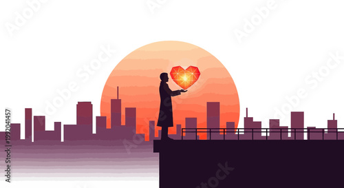Silhouette of person holding glowing heart against city skyline at sunset