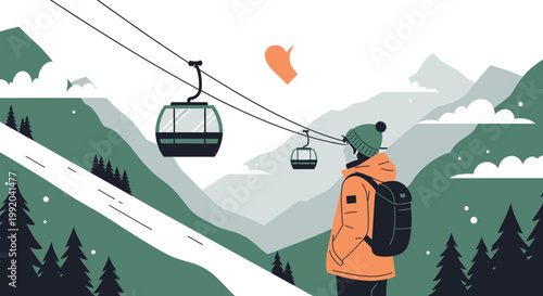 Winter Mountain Scenery with Gondola Lift and Hiker