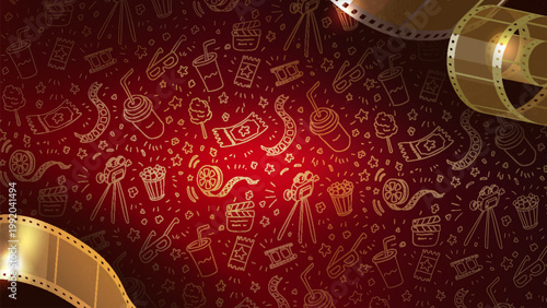 Shiny folded golden filmstrip tape on purple background. Movie film ribbon. 3d movie flyer or poster with hand drawn icons film clapper, pop corn,, ticket .film festival. Vector illustration