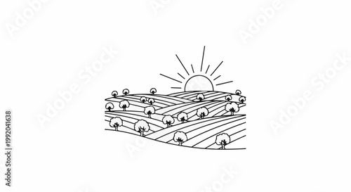 Rolling hills and trees under a rising sun, graphic illustration