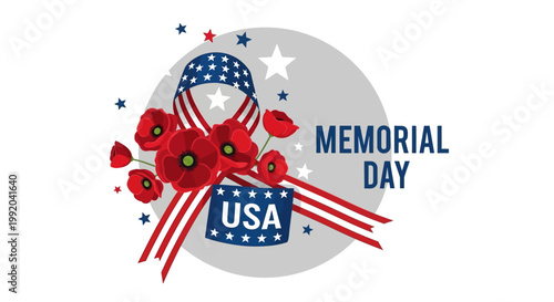 Memorial Day USA Flag Ribbon Poppies Red White Blue Stars Patriotic Holiday