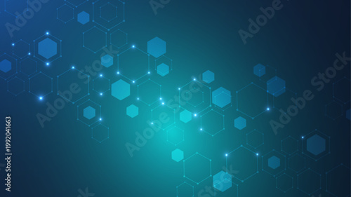 Health care or medical abstract background with hexagons, lines and dots. Scientific innovation banner template concept. Biology and pharmaceutical technology background. Vector illustration.