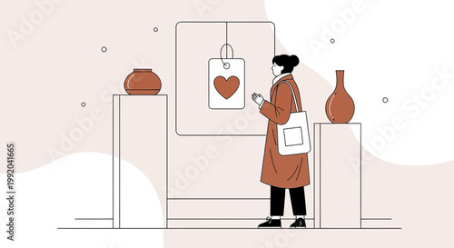 Woman admires art with heart symbol in minimalist gallery, modern exhibition