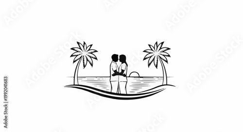 Romantic couple embracing by the sea with palm trees at sunset