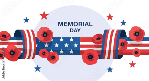 Memorial Day USA flag ribbon with poppies and stars, patriotic holiday celebration