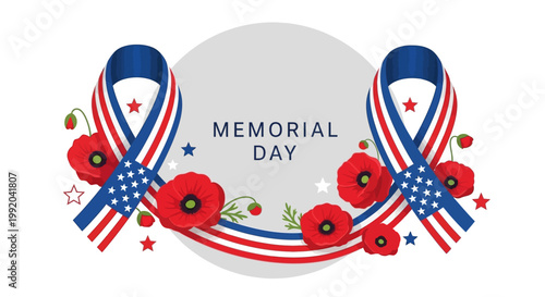 Memorial Day USA flag ribbons and red poppies, honoring fallen soldiers