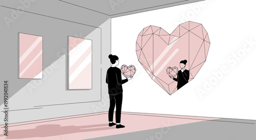 Woman admires her reflection in a giant heart-shaped mirror, self-love concept