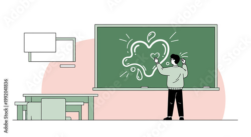 Student drawing abstract heart on green chalkboard in classroom