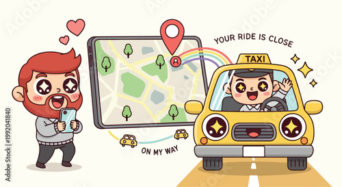 Cartoon character using a smartphone to navigate a GPS map while a taxi driver looks on with a friendly expression