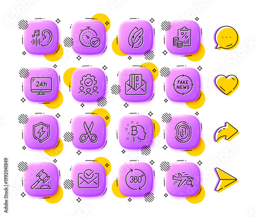 Bitcoin think, 360 degrees and Teamwork line icons. App 3d buttons. Social media comment, share, like icons. Pack of Approved mail, Tax document, Fast verification icon. Vector