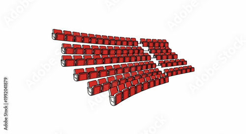 Rows of empty red stadium seats ascend in tiered formation against a white background