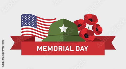 Memorial Day USA Flag, Military Hat, Poppies, and Ribbon Banner