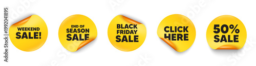 Weekend sale sticker tag. 50 percent discount, Black friday paper price banners. Weekend Sale tag. Special offer price sign. Advertising Discounts symbol. Click here sticker. Vector