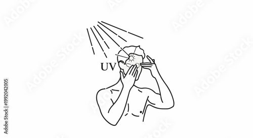 Person shielding face from UV rays, depicted with lines and text