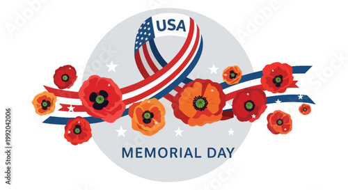 Memorial Day USA Red Poppies Ribbon Stars Festive Design