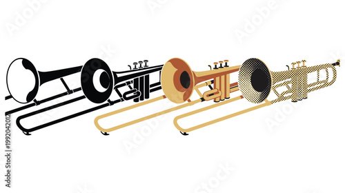 Set of trombone musical instruments in three different styles isolated on white.