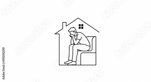 Person sits inside a house outline looking sad