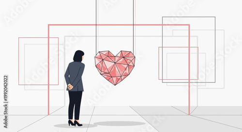 Woman admires large geometric pink heart sculpture in modern art gallery